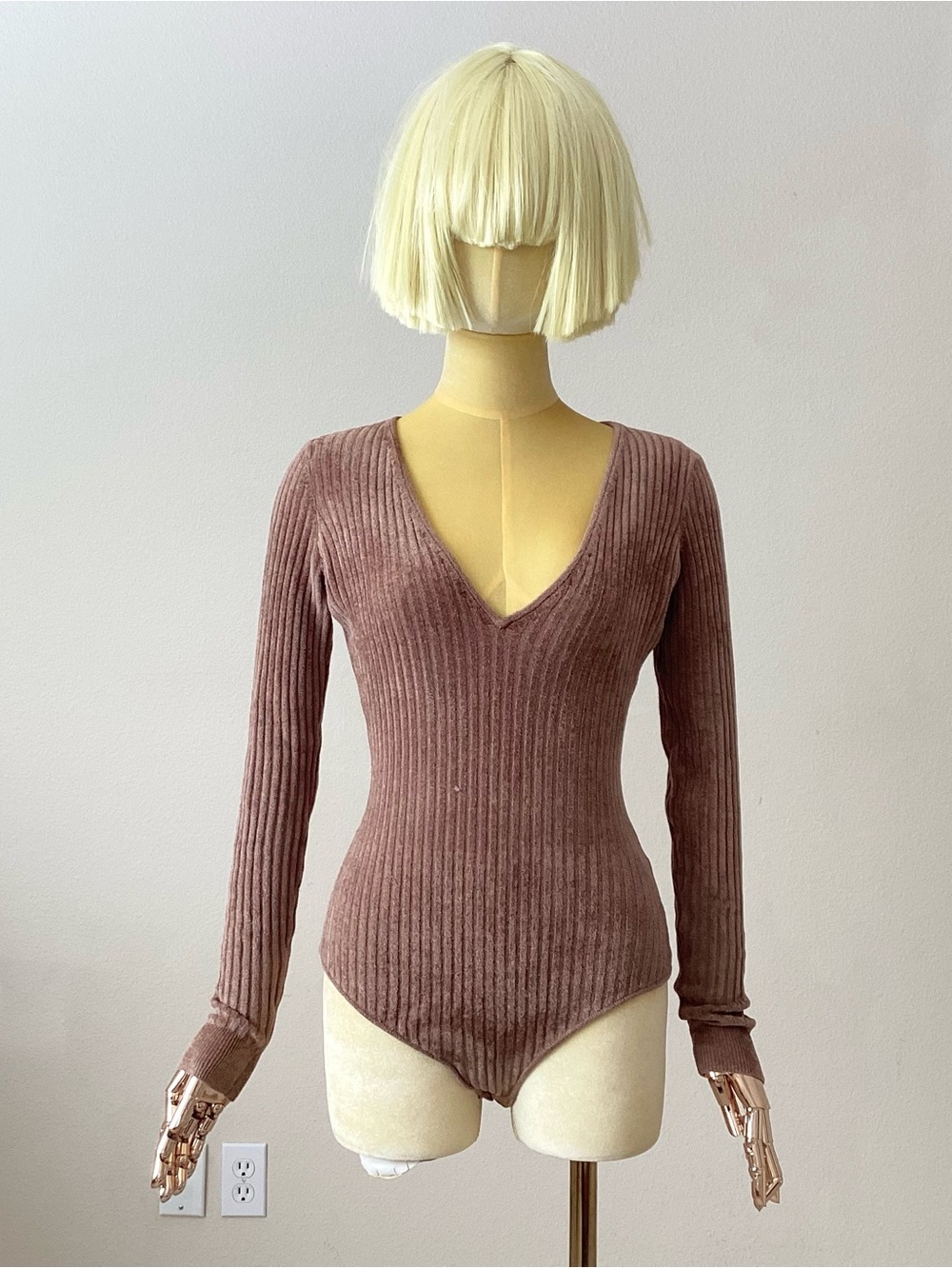 Ronny Kobo Collection Brown Ribbed V-Neck Long-Sleeve Bodysuit